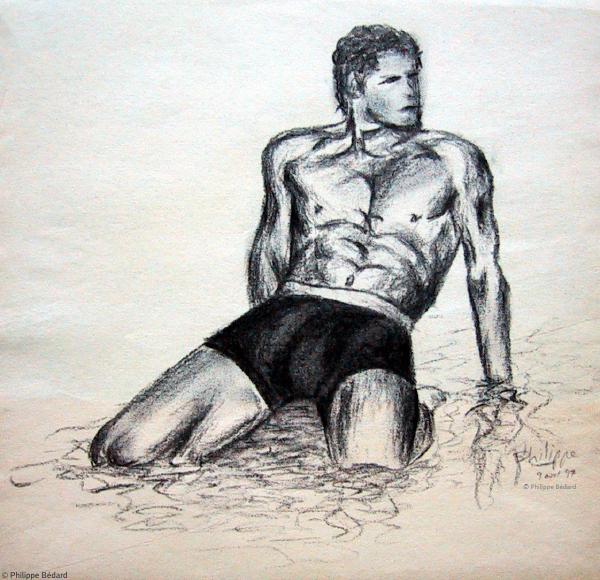 Homme à la plage (fusain sur papier)  © Philippe Bédard 