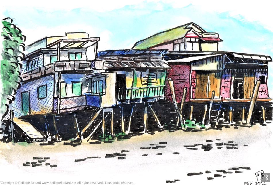 © Philippe Bédard / Vietnamese houses (Watercolor and Ink Sketch) 